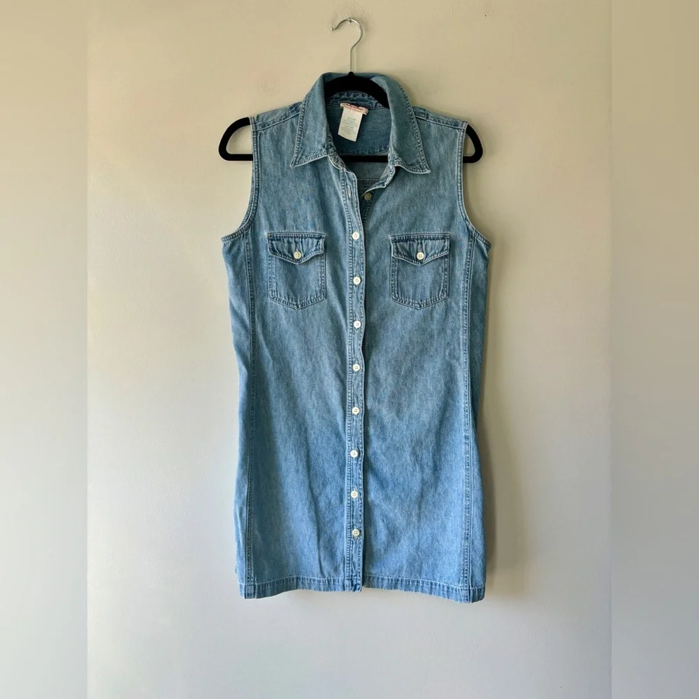 Vintage Faded Glory Blue Chambray Denim Sleeveless Button Mini Dress‎ Size 10